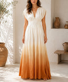 Ladies Orange Ombre Deep V-Neckline Tie Back Maxi Dress - StylePhase SA