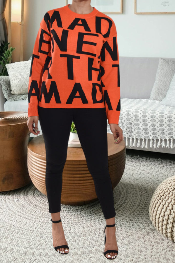 Ladies Orange Oversized Printed Sweater - StylePhase SA