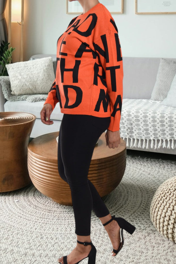 Ladies Orange Oversized Printed Sweater - StylePhase SA