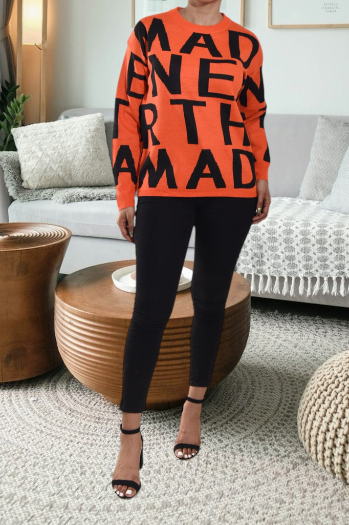 Ladies Orange Oversized Printed Sweater - StylePhase SA