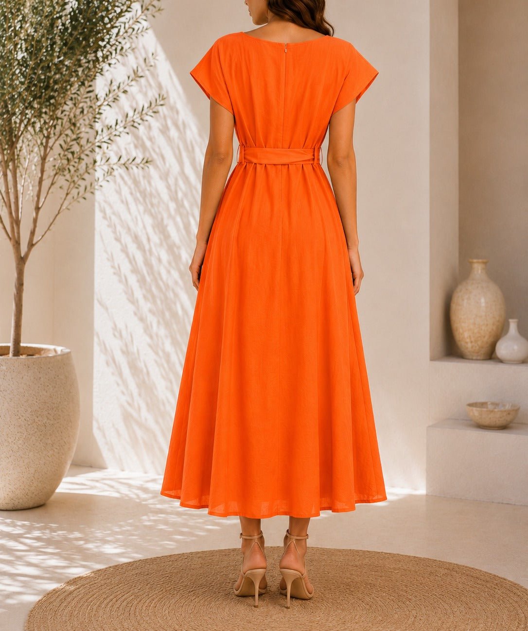 Ladies Orange Pleated Buckled Waist Belt Dress - StylePhase SA