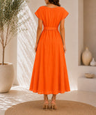 Ladies Orange Pleated Buckled Waist Belt Dress - StylePhase SA