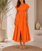 Ladies Orange Pleated Buckled Waist Belt Dress - StylePhase SA