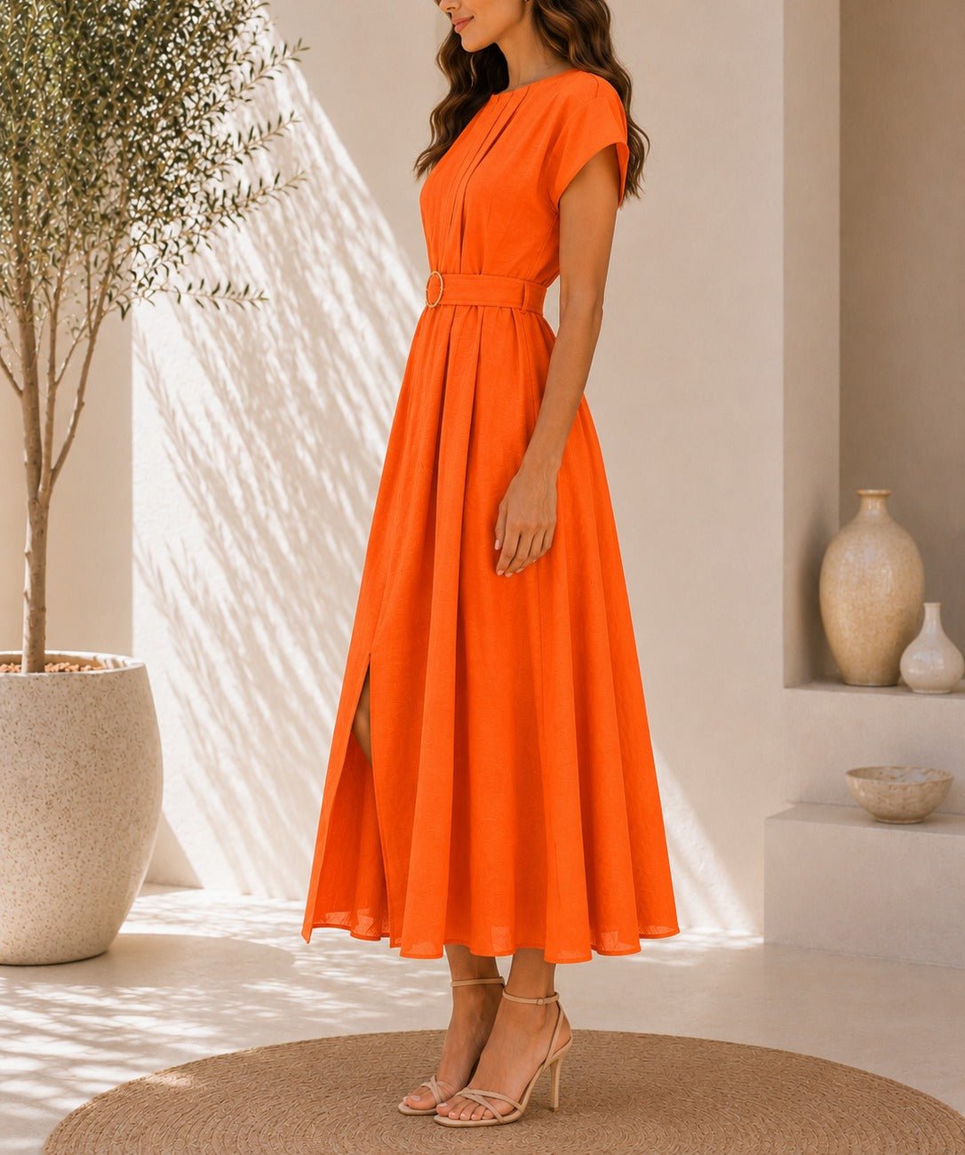 Ladies Orange Pleated Buckled Waist Belt Dress - StylePhase SA