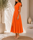 Ladies Orange Pleated Buckled Waist Belt Dress - StylePhase SA