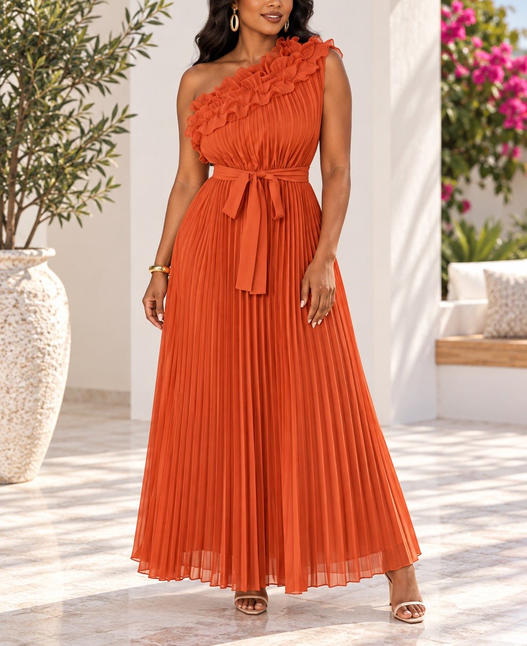 Ladies Orange Pleated Off Shoulder Dress - StylePhase SA