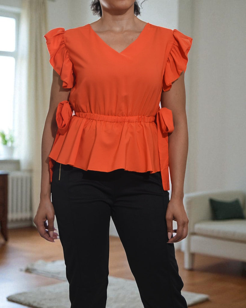 Ladies Orange V Neck Side Tie Top - StylePhase SA