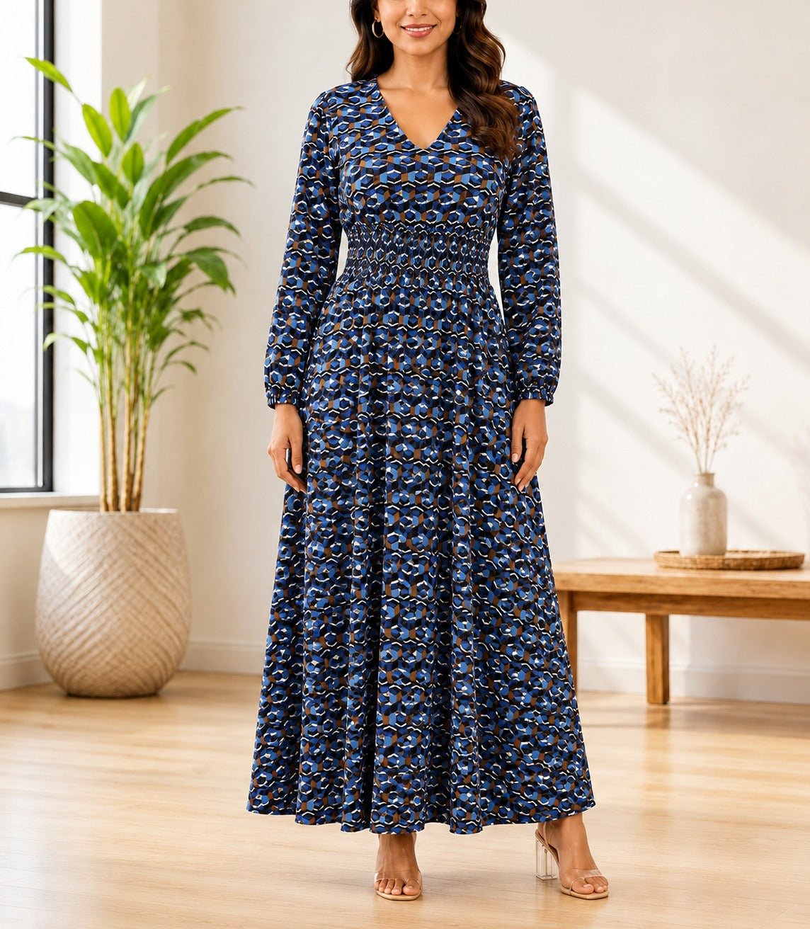 Ladies Pattern V Neck Midi Dress - StylePhase SA