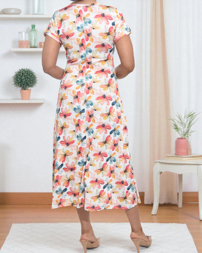 Ladies Peach And Teal Floral A Line Midi Dress - StylePhase SA