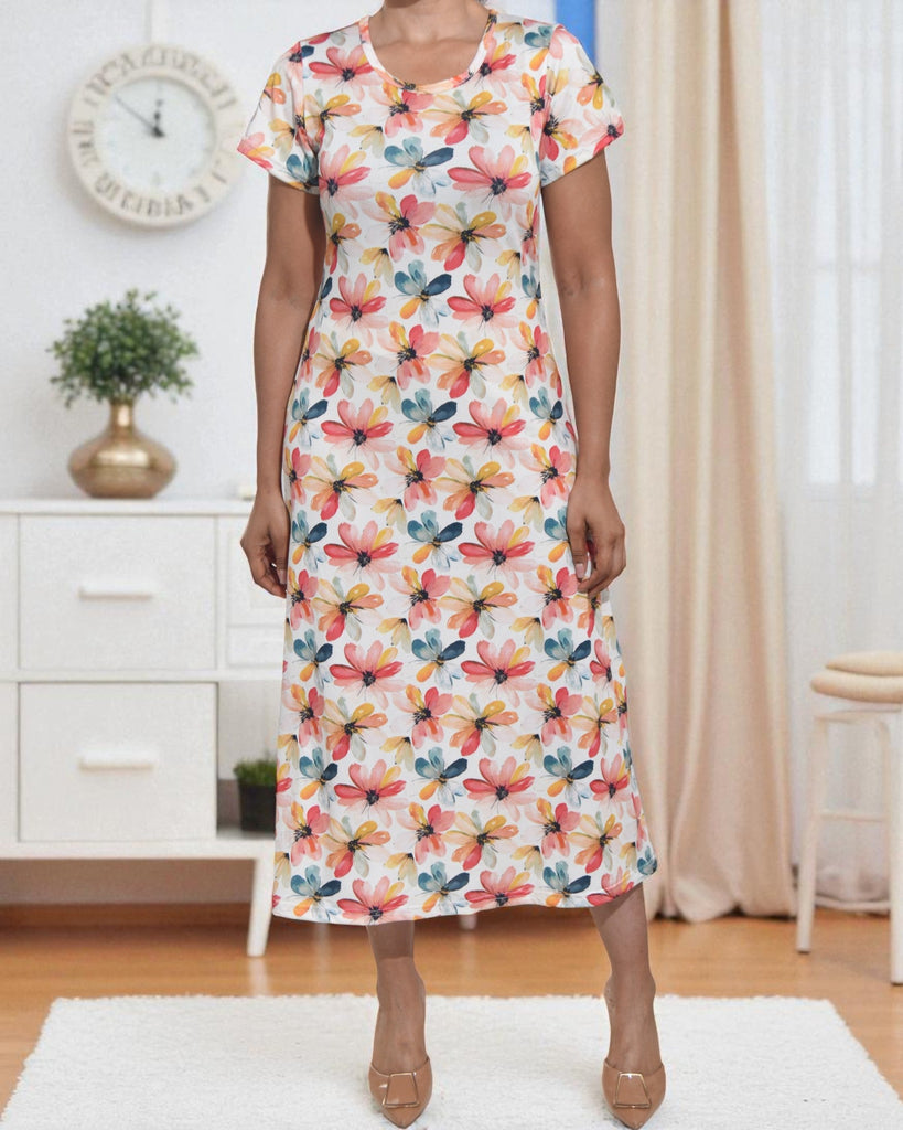 Ladies Peach And Teal Floral A Line Midi Dress - StylePhase SA