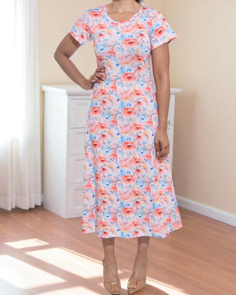 Ladies Peach Floral A Line Midi Dress - StylePhase SA