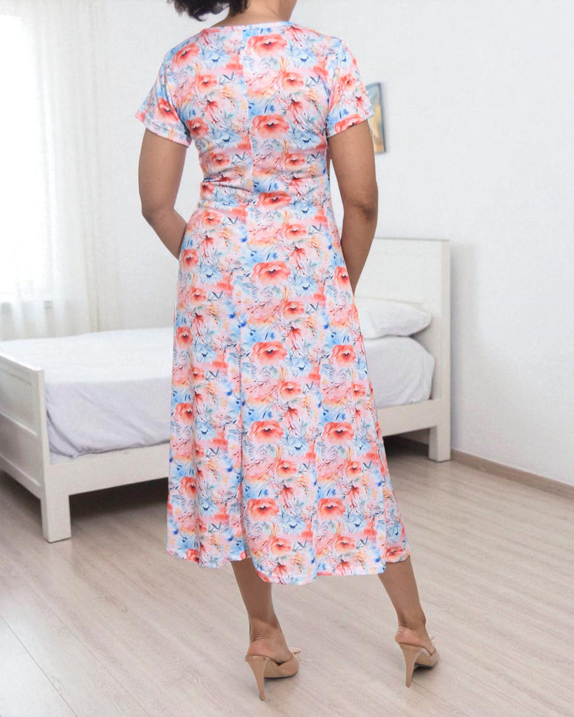 Ladies Peach Floral A Line Midi Dress - StylePhase SA