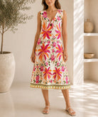 Ladies Pink And Orange Botanical Print Midi V-Neck Dress - StylePhase SA