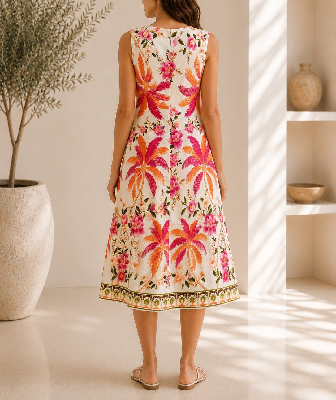 Ladies Pink And Orange Botanical Print Midi V-Neck Dress - StylePhase SA