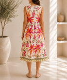 Ladies Pink And Orange Botanical Print Midi V-Neck Dress - StylePhase SA