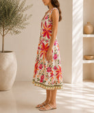 Ladies Pink And Orange Botanical Print Midi V-Neck Dress - StylePhase SA