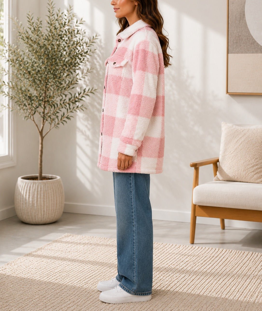 Ladies Pink And White Check Pattern Plush Top - StylePhase SA