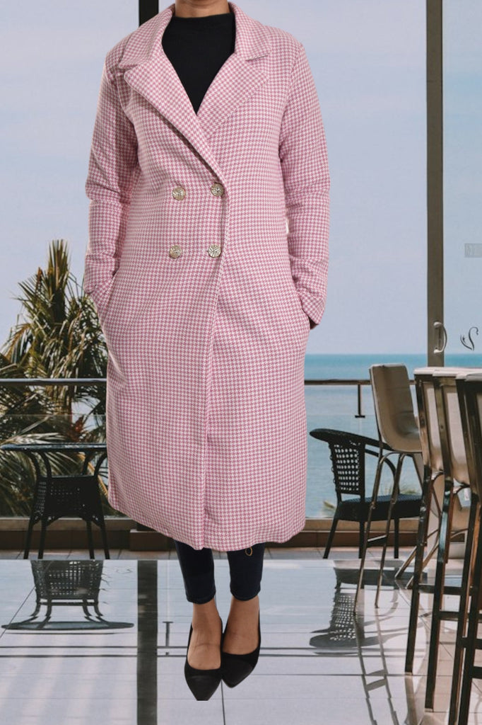 Ladies Pink And White Long Button Coat - StylePhase SA