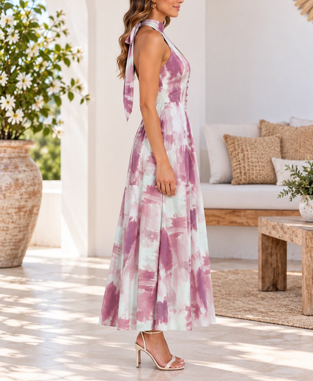 Ladies Pink And White Tie Neckline Maxi Dress - StylePhase SA