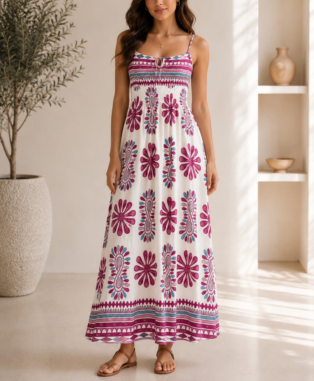 Ladies Pink Botanical Print Tie Sleeve Dress - StylePhase SA