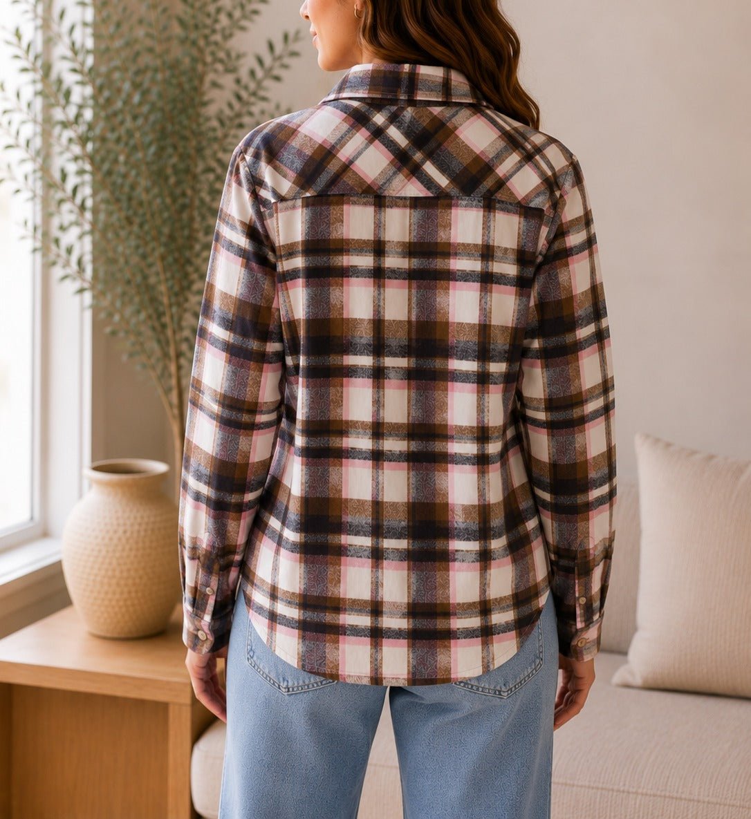 Ladies Pink Brown Plaid Flannel Shirt - StylePhase SA