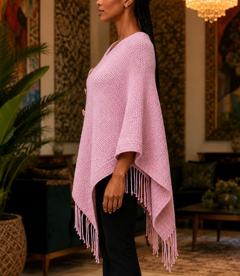 Ladies Pink Button Detailed Knit Poncho - StylePhase SA