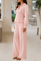 Ladies Pink Button Ruffel Two Piece Set - StylePhase SA