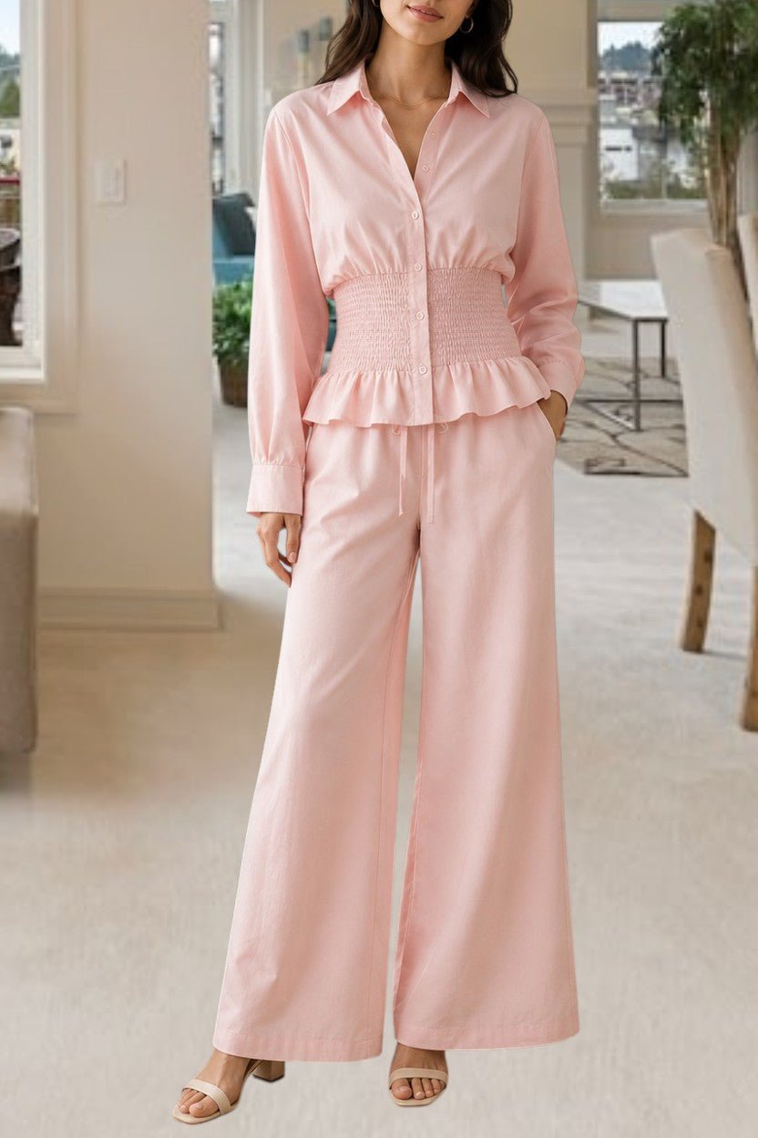 Ladies Pink Button Ruffel Two Piece Set - StylePhase SA