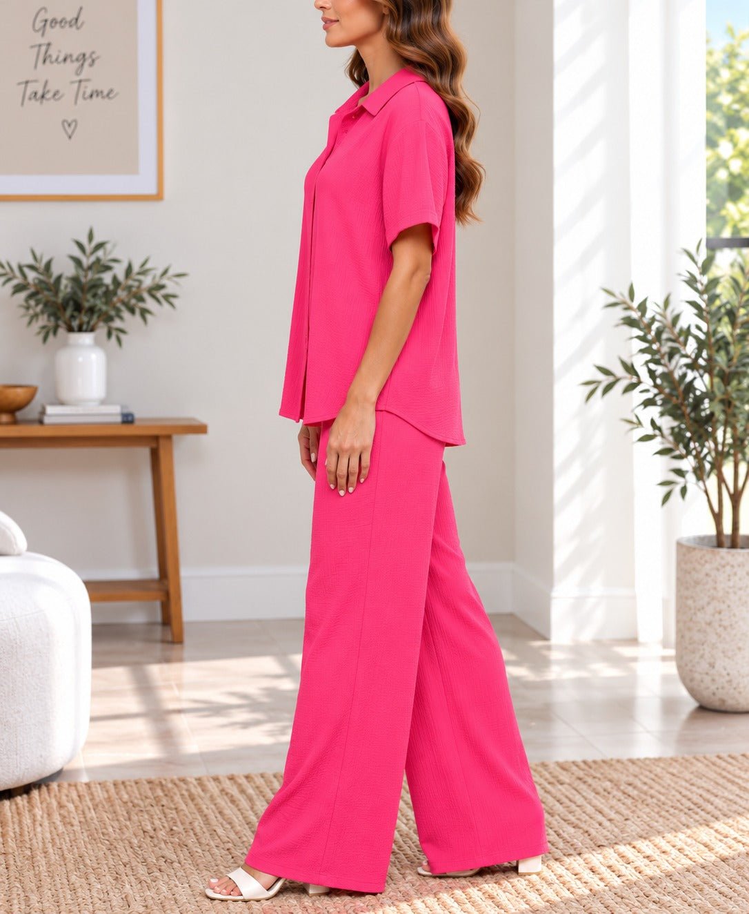 Ladies Pink Button Shirt Two-Piece Set - StylePhase SA