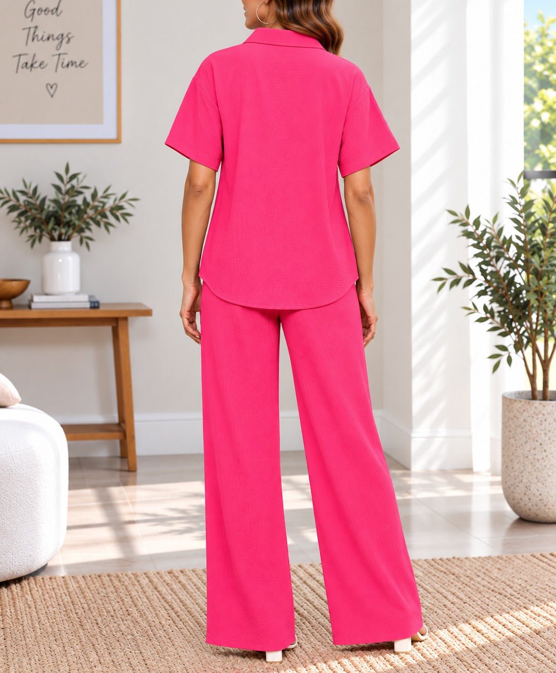 Ladies Pink Button Shirt Two-Piece Set - StylePhase SA