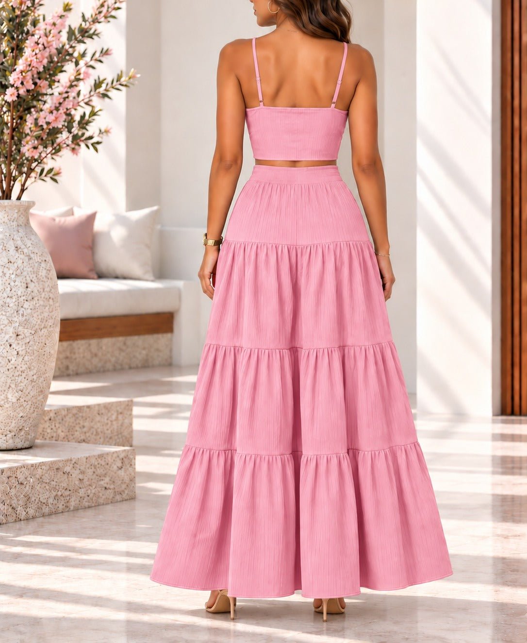 Ladies Pink Crop Cami And Tiered Maxi Skirt - StylePhase SA