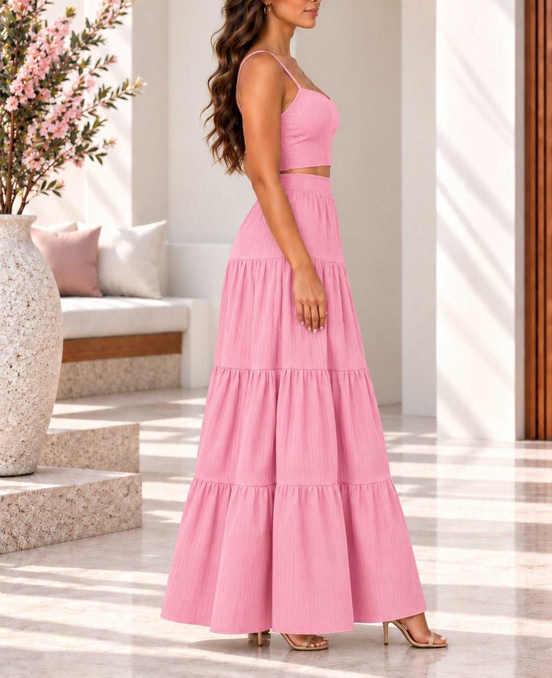 Ladies Pink Crop Cami And Tiered Maxi Skirt - StylePhase SA