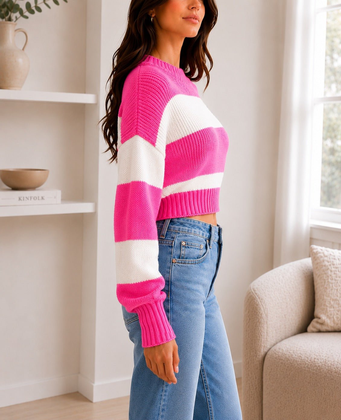Ladies Pink Crop Stripe Sweater - StylePhase SA
