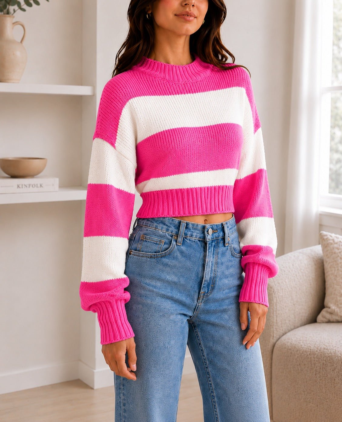 Ladies Pink Crop Stripe Sweater - StylePhase SA