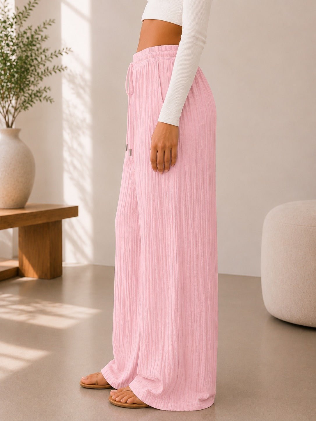 Ladies Pink Drawstring Crinkle Wide Leg Pants - StylePhase SA