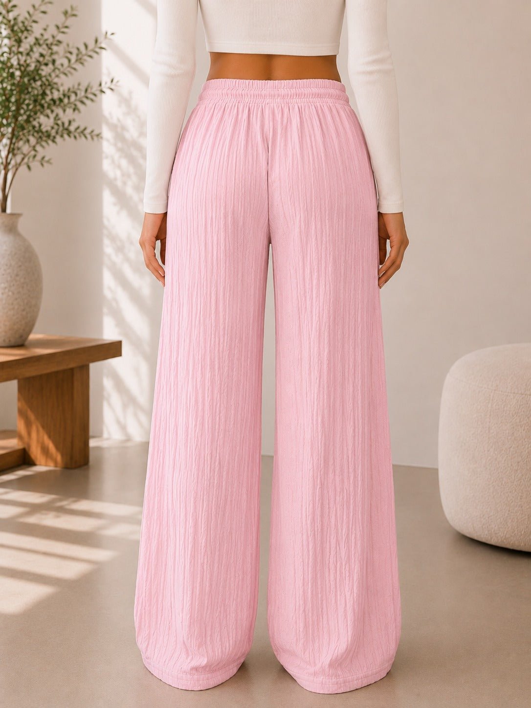 Ladies Pink Drawstring Crinkle Wide Leg Pants - StylePhase SA