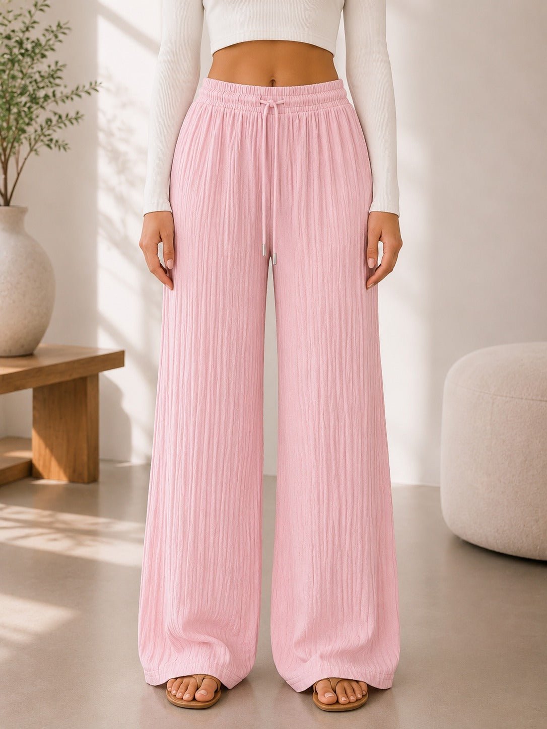 Ladies Pink Drawstring Crinkle Wide Leg Pants - StylePhase SA