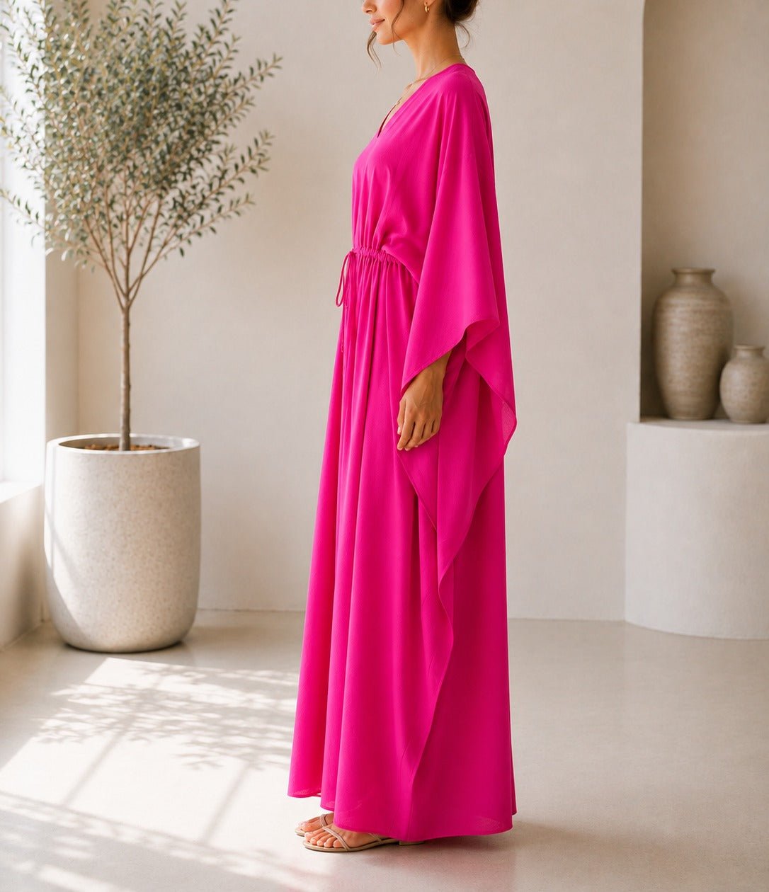 Ladies Pink Drawstring V-neck Kaftan - StylePhase SA