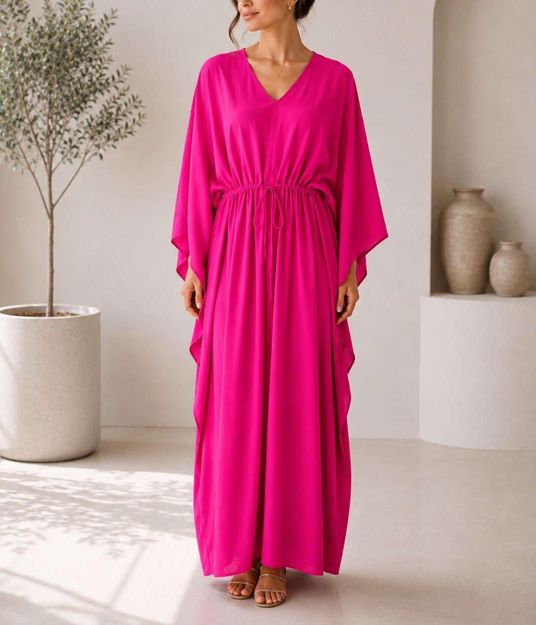 Ladies Pink Drawstring V-neck Kaftan - StylePhase SA