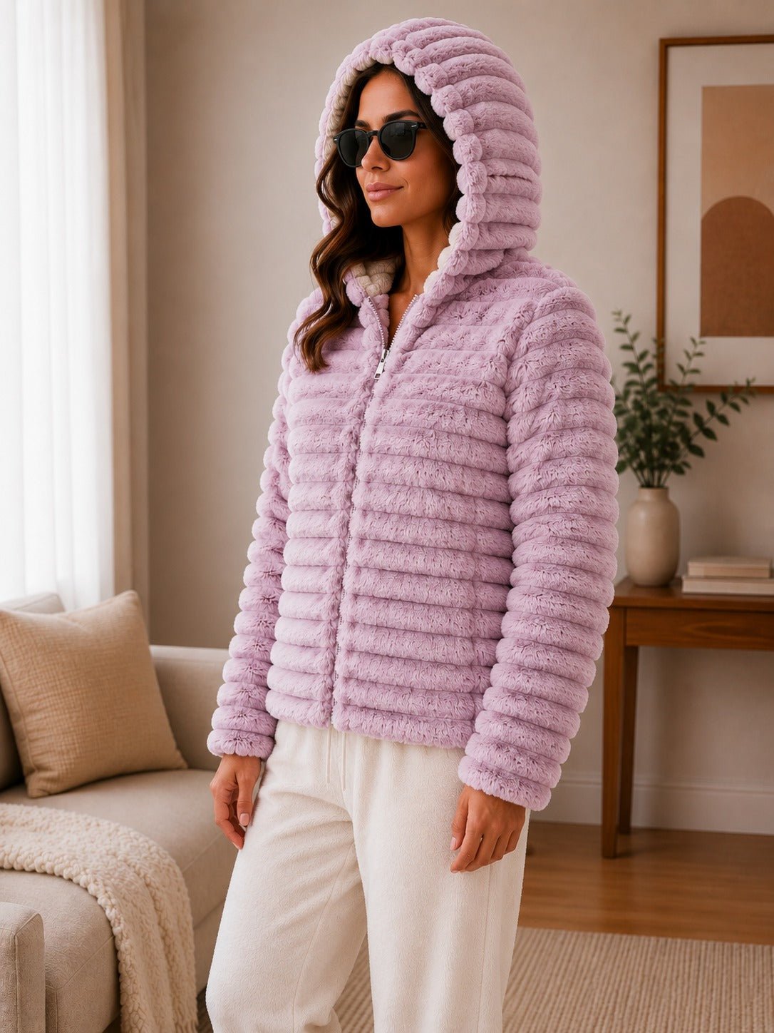 Ladies Pink Faux Fur Hoody Zip Jacket - StylePhase SA