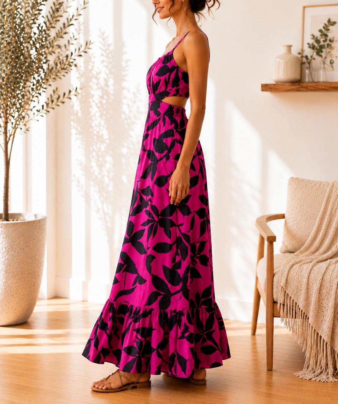 Ladies Pink Floral Cut Out Maxi Dress - StylePhase SA