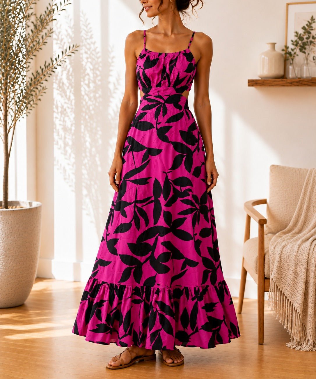 Ladies Pink Floral Cut Out Maxi Dress - StylePhase SA