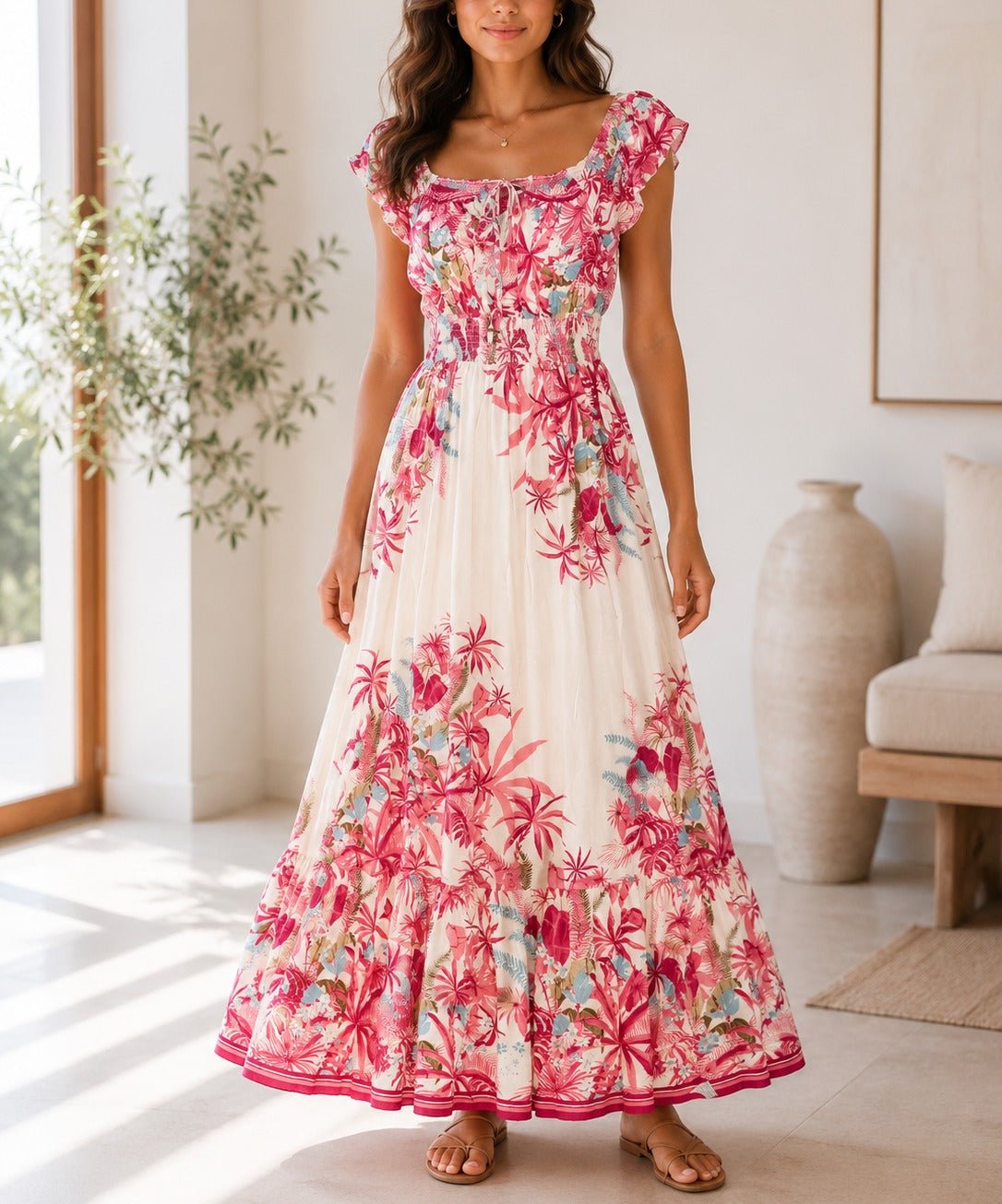 Ladies Pink Floral Smoked Waist Maxi Dress - StylePhase SA