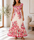 Ladies Pink Floral Smoked Waist Maxi Dress - StylePhase SA