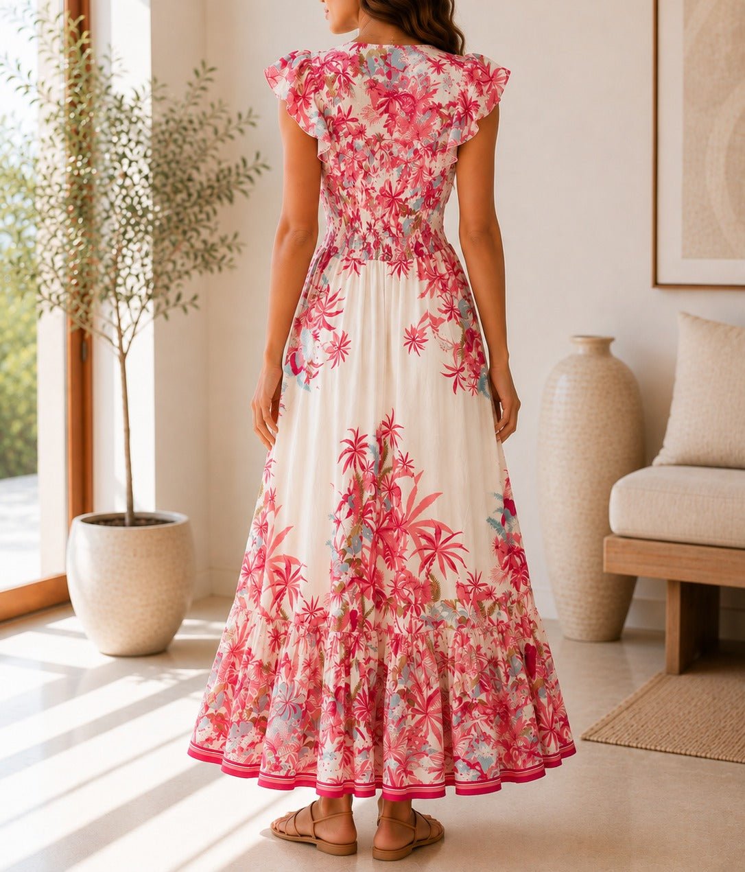 Ladies Pink Floral Smoked Waist Maxi Dress - StylePhase SA