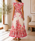 Ladies Pink Floral Smoked Waist Maxi Dress - StylePhase SA