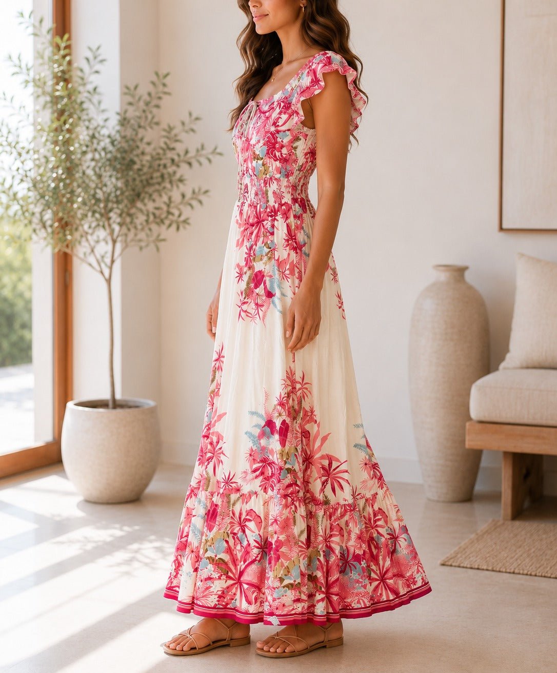 Ladies Pink Floral Smoked Waist Maxi Dress - StylePhase SA