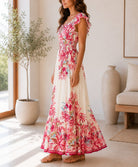 Ladies Pink Floral Smoked Waist Maxi Dress - StylePhase SA
