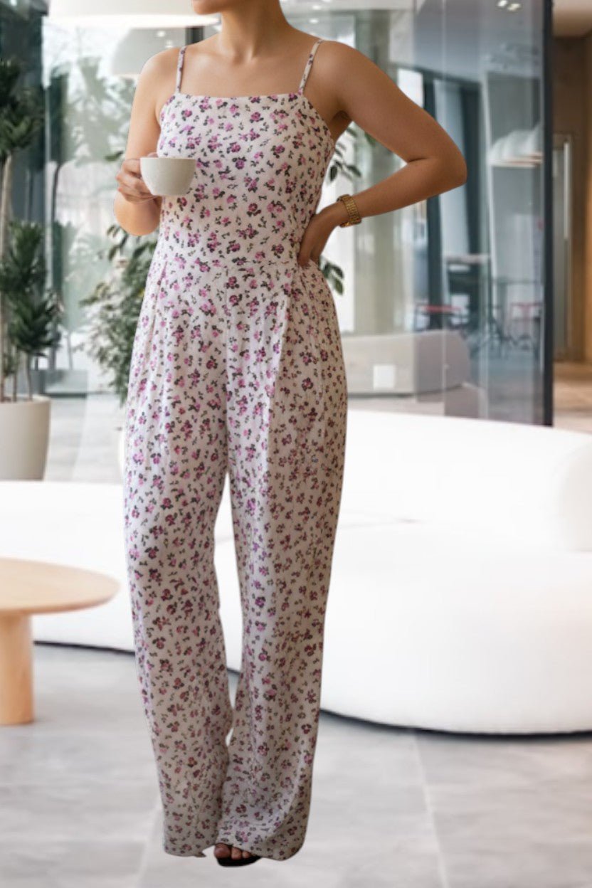 Ladies Pink Floral Strappy Pleated Jumpsuit - StylePhase SA