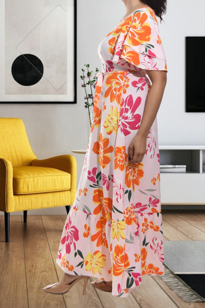 Ladies Pink Floral Tie Maxi Dress - StylePhase SA